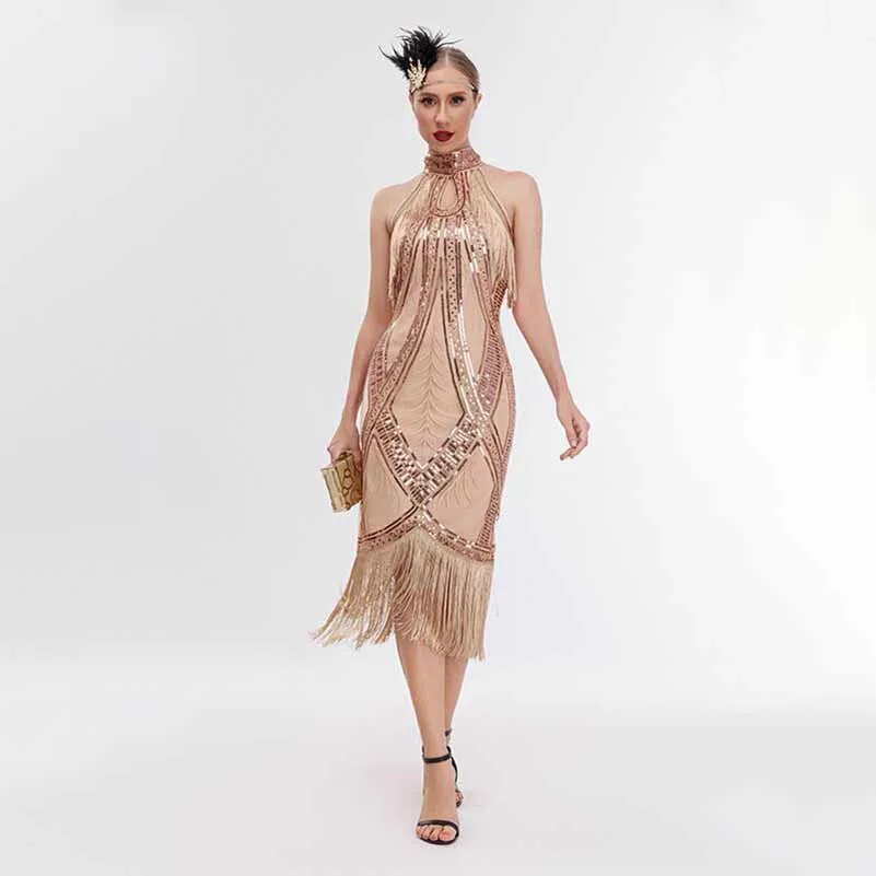 1920's Flapper Dress Halter Neck Fringe Sequin Beaded Dress