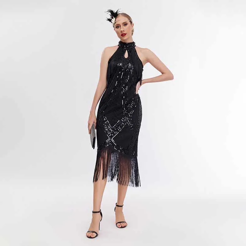 1920's Flapper Dress Halter Neck Fringe Sequin Beaded Dress