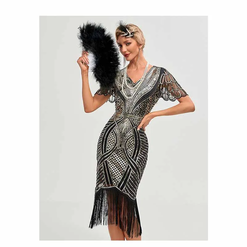 1920s Flapper Dress Roaring 20s Sequins Beaded Fringe Great Gatsby Dress