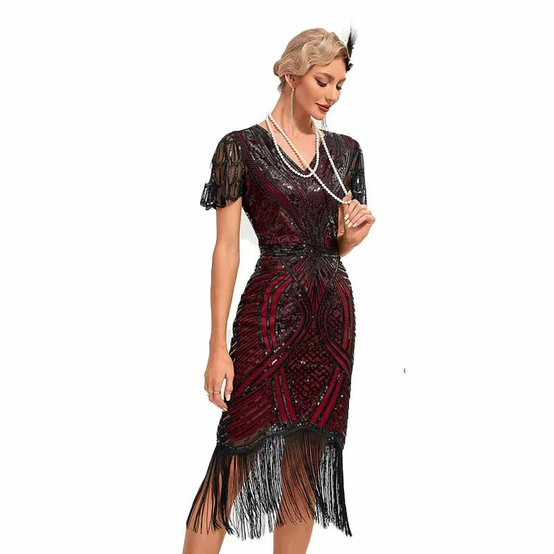 1920s Flapper Dress Roaring 20s Sequins Beaded Fringe Great Gatsby Dress