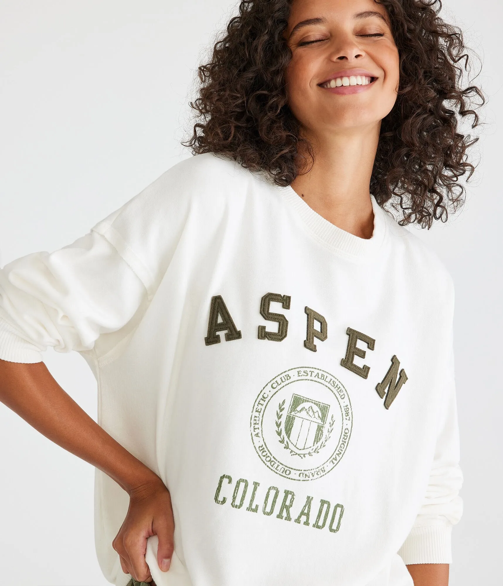 Aeropostale Womens' Destination Oversized Crew Sweatshirt - White - Size L - Cotton - Teen Fashion & Clothing Egret White