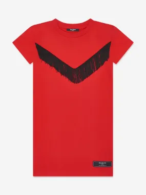 Balmain Girls Fringed Jersey Dress in Red