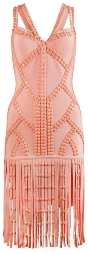 Bead-Embellished Fringed Dress in Pink