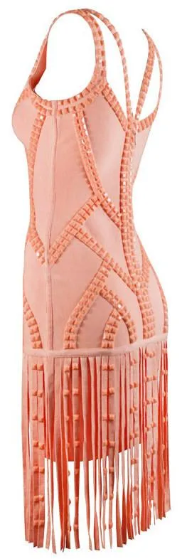 Bead-Embellished Fringed Dress in Pink