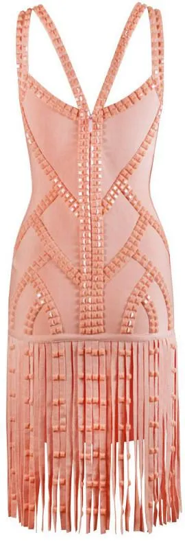 Bead-Embellished Fringed Dress in Pink