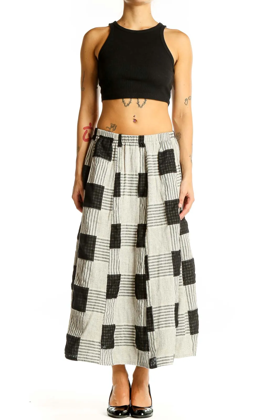 Black and White Patchwork Cotton Midi Skirt