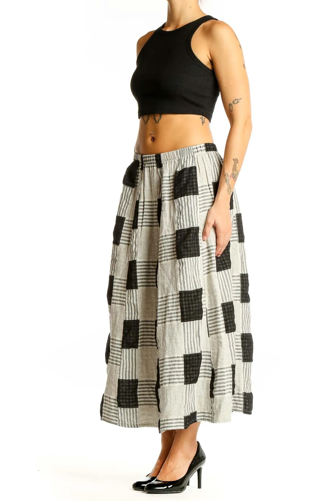 Black and White Patchwork Cotton Midi Skirt