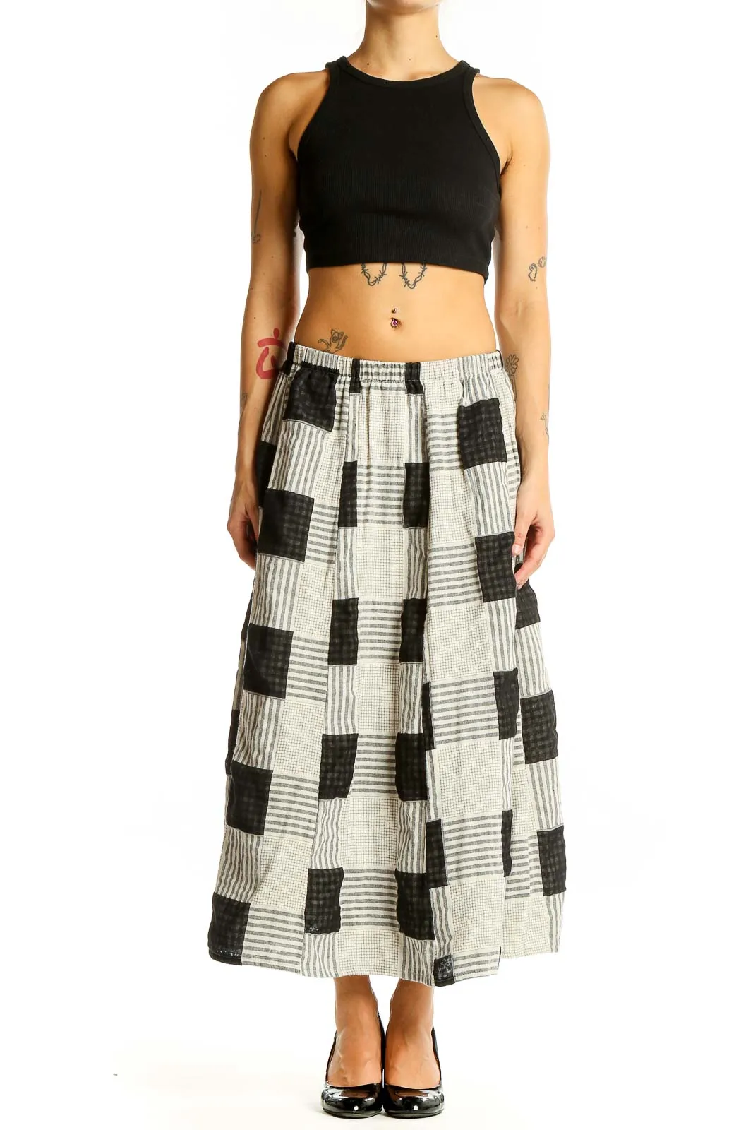 Black and White Patchwork Cotton Midi Skirt