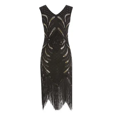 Black Art Deco Beaded Dress with Fringing