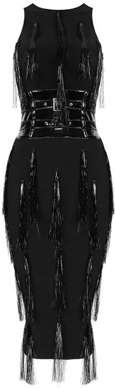 Black Fringed-Patch PVC-Midriff Buckled Midi Dress