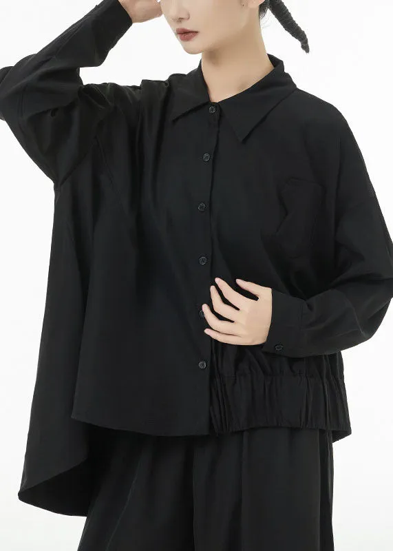 Black Oversized Cotton Blouse Tops Low High Design Batwing Sleeve LC0120