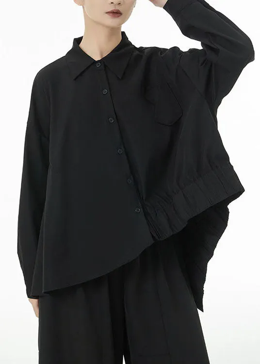 Black Oversized Cotton Blouse Tops Low High Design Batwing Sleeve LC0120