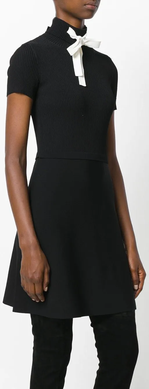 Black Ribbed Knit Cady Dress with Tie-Neck