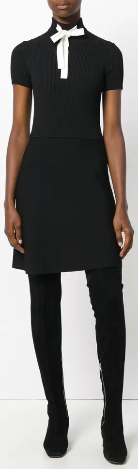 Black Ribbed Knit Cady Dress with Tie-Neck