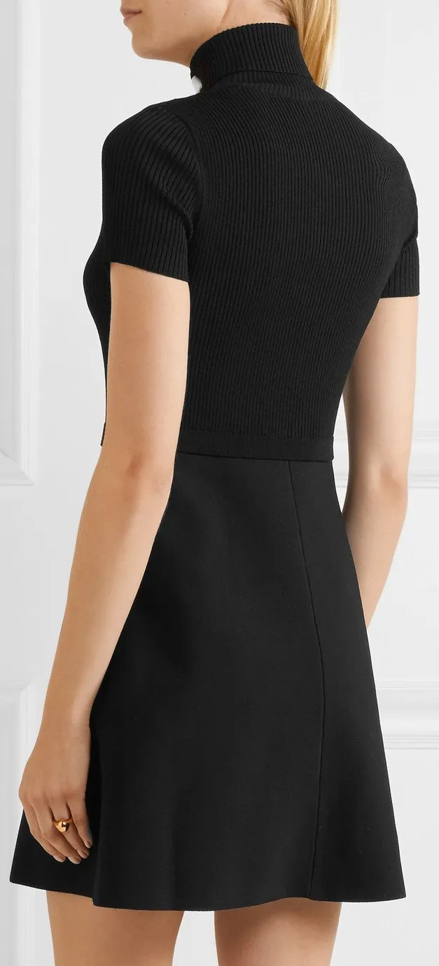 Black Ribbed Knit Cady Dress with Tie-Neck