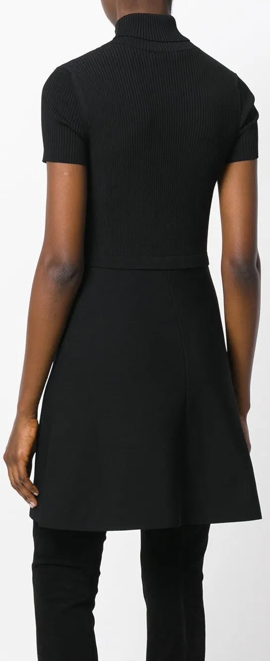 Black Ribbed Knit Cady Dress with Tie-Neck