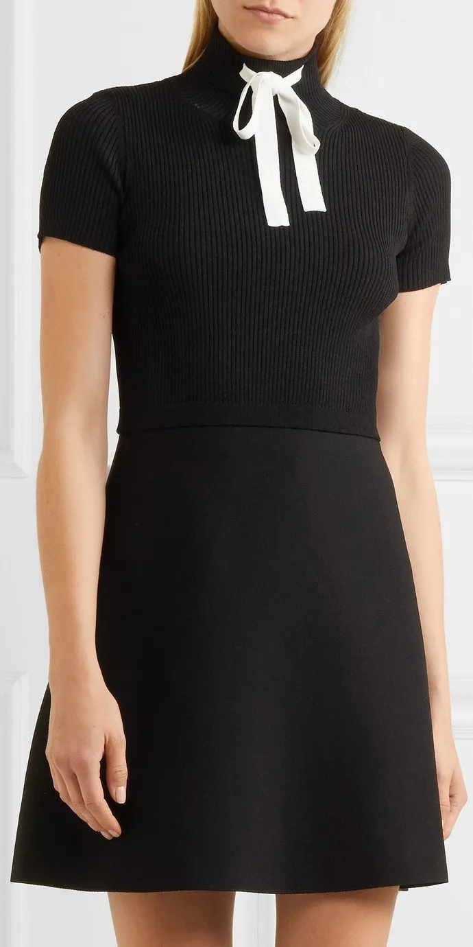 Black Ribbed Knit Cady Dress with Tie-Neck