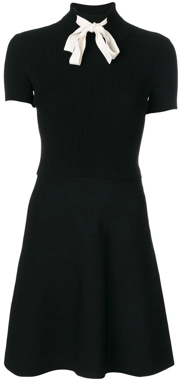 Black Ribbed Knit Cady Dress with Tie-Neck