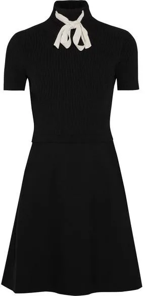 Black Ribbed Knit Cady Dress with Tie-Neck