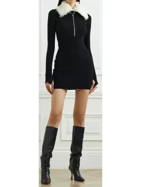 Black Ribbed Knit Dress with Faux-Fur Collar