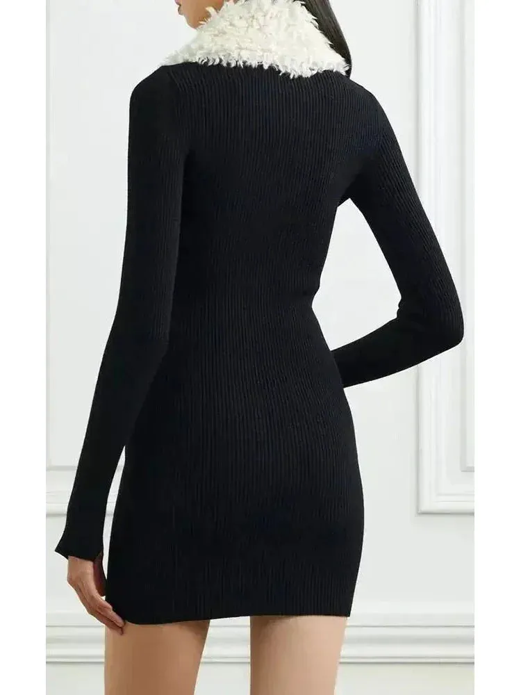 Black Ribbed Knit Dress with Faux-Fur Collar