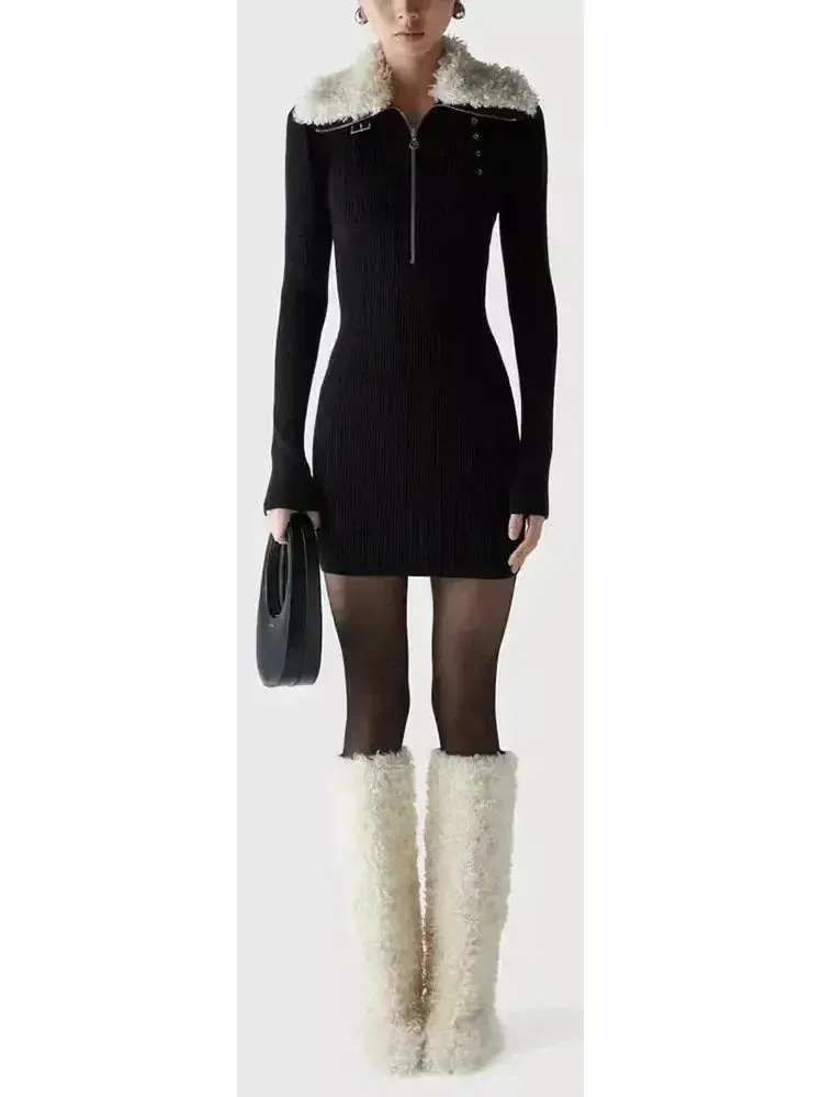 Black Ribbed Knit Dress with Faux-Fur Collar