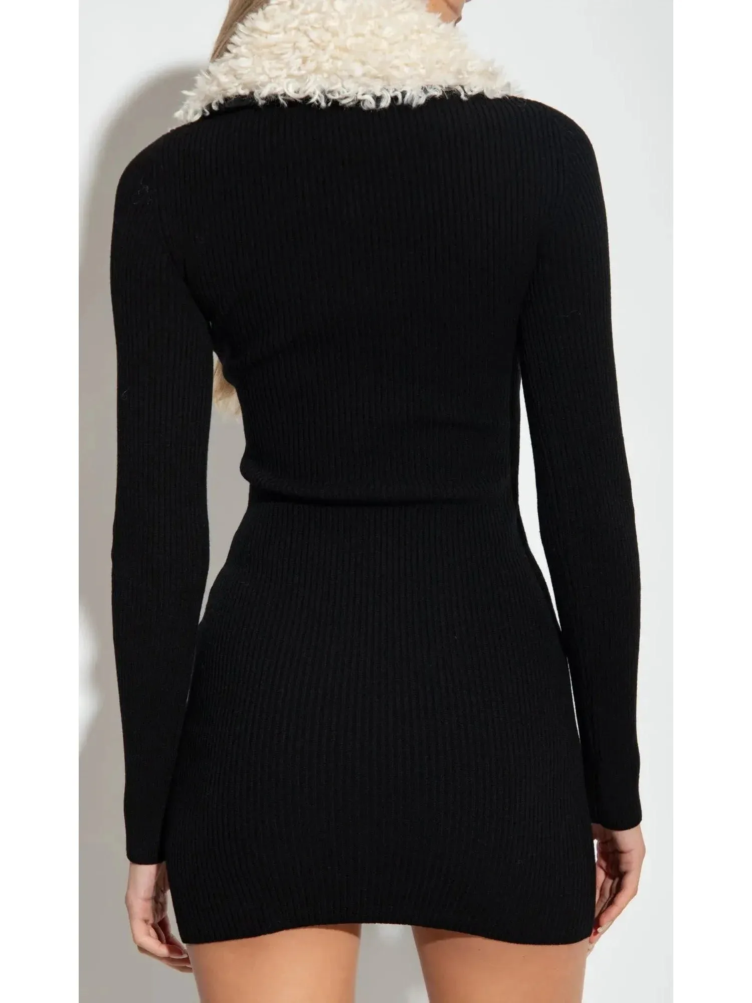 Black Ribbed Knit Dress with Faux-Fur Collar