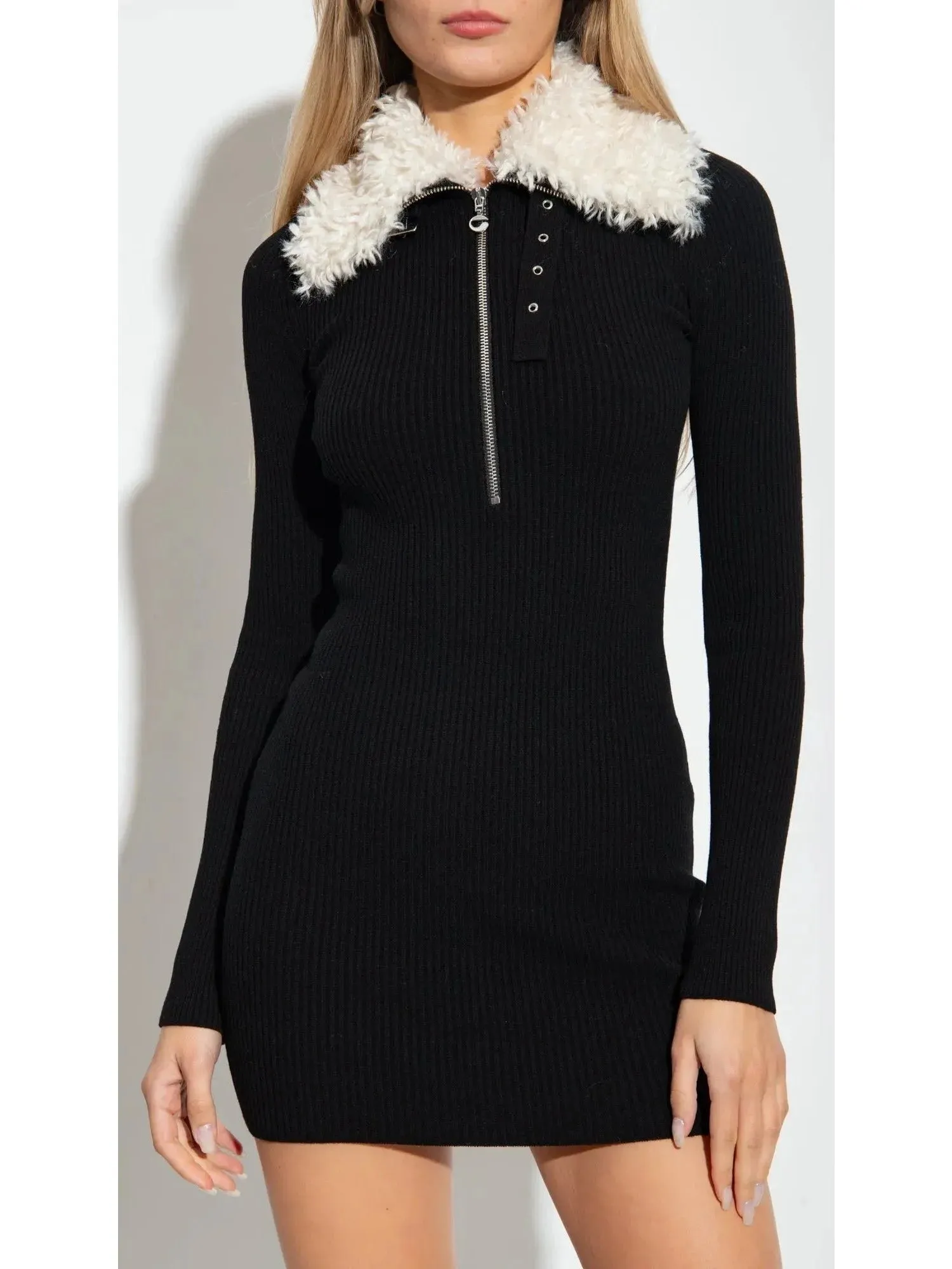 Black Ribbed Knit Dress with Faux-Fur Collar