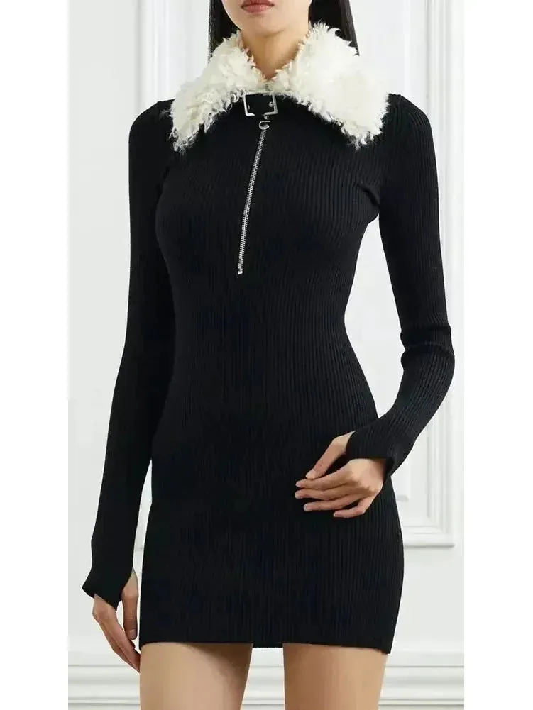 Black Ribbed Knit Dress with Faux-Fur Collar