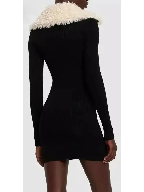 Black Ribbed Knit Dress with Faux-Fur Collar