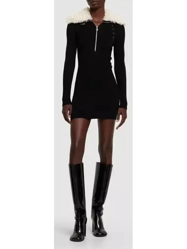 Black Ribbed Knit Dress with Faux-Fur Collar