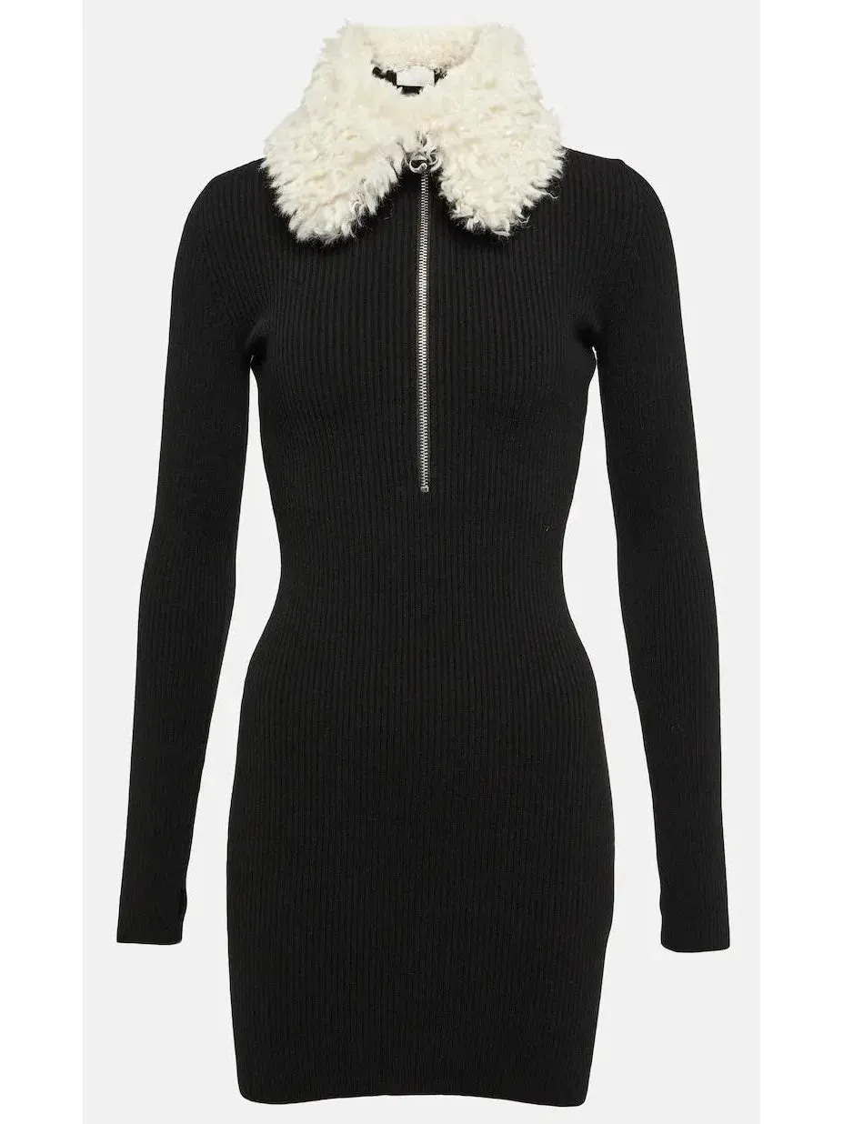 Black Ribbed Knit Dress with Faux-Fur Collar