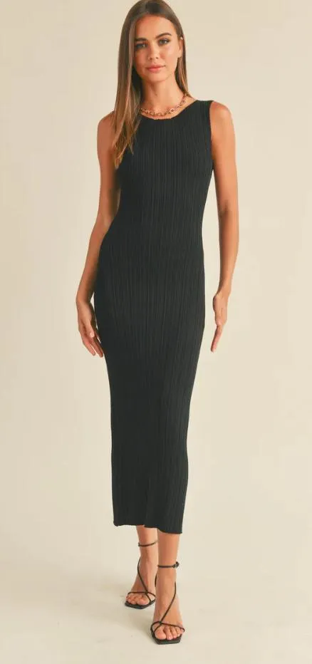 Black Ribbed Knit Midi Dress