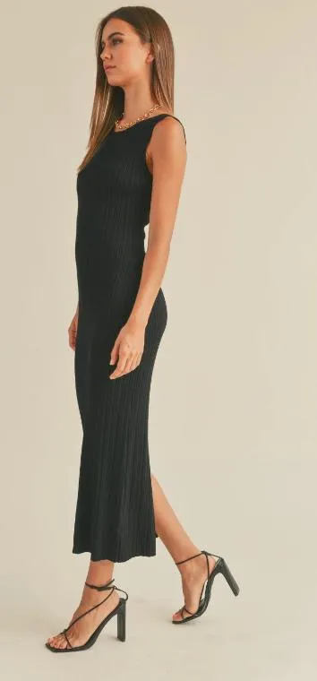 Black Ribbed Knit Midi Dress