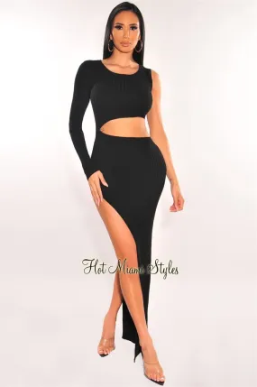 Black Ribbed Knit One Sleeve Cut Out Slit Maxi Dress