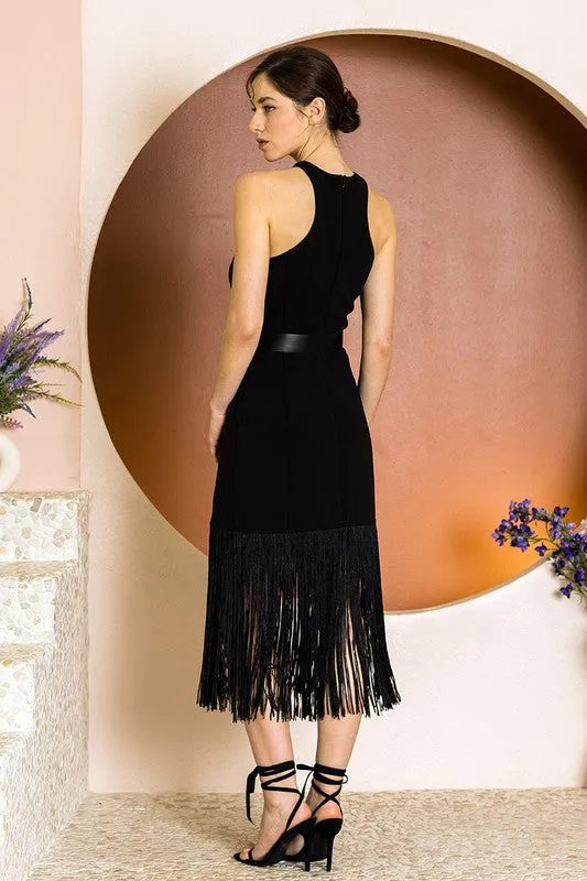 Black Sleeveless Stretch Bukled Belt Trim Fringed Midi Dress