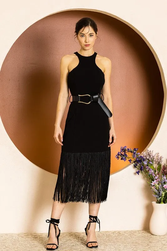 Black Sleeveless Stretch Bukled Belt Trim Fringed Midi Dress