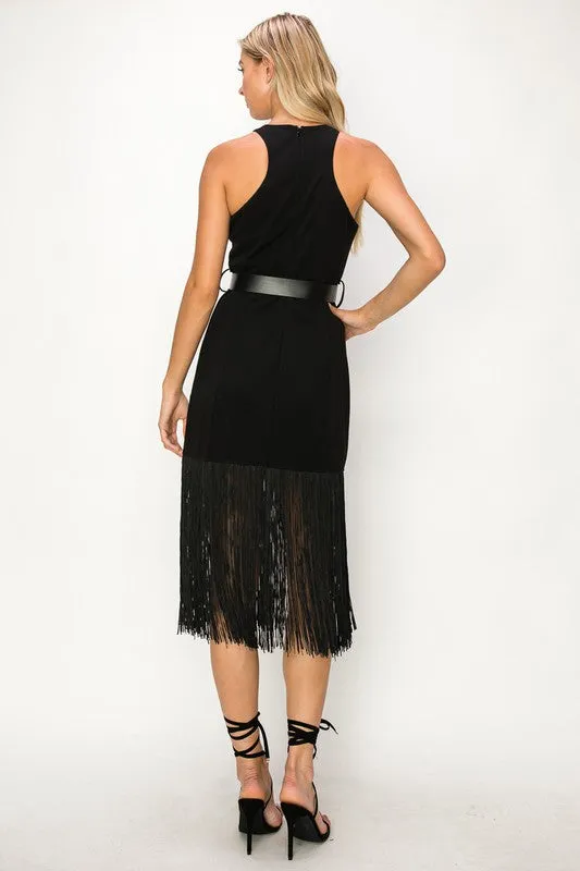 Black Sleeveless Stretch Bukled Belt Trim Fringed Midi Dress