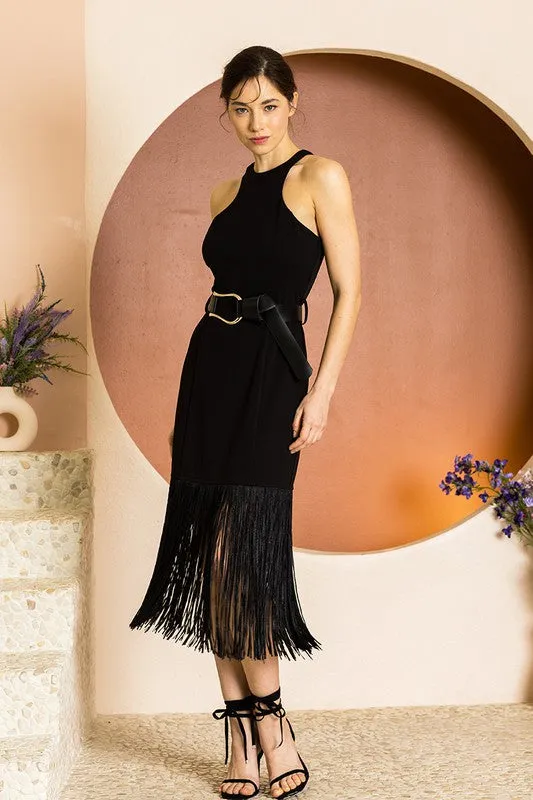 Black Sleeveless Stretch Bukled Belt Trim Fringed Midi Dress