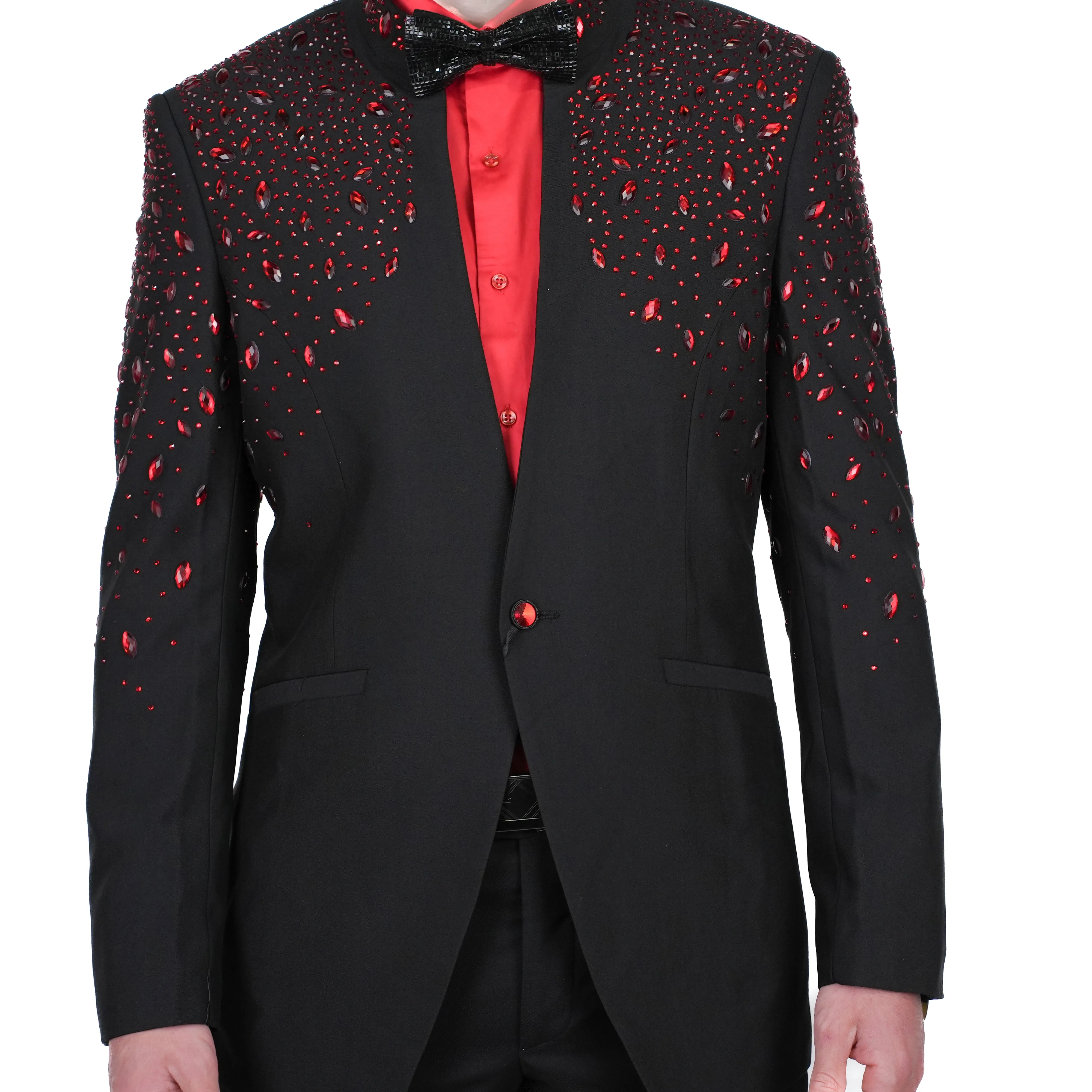 Black With Ruby Reign Stone Avanti Milano Mandarin Collar Dinner Jacket