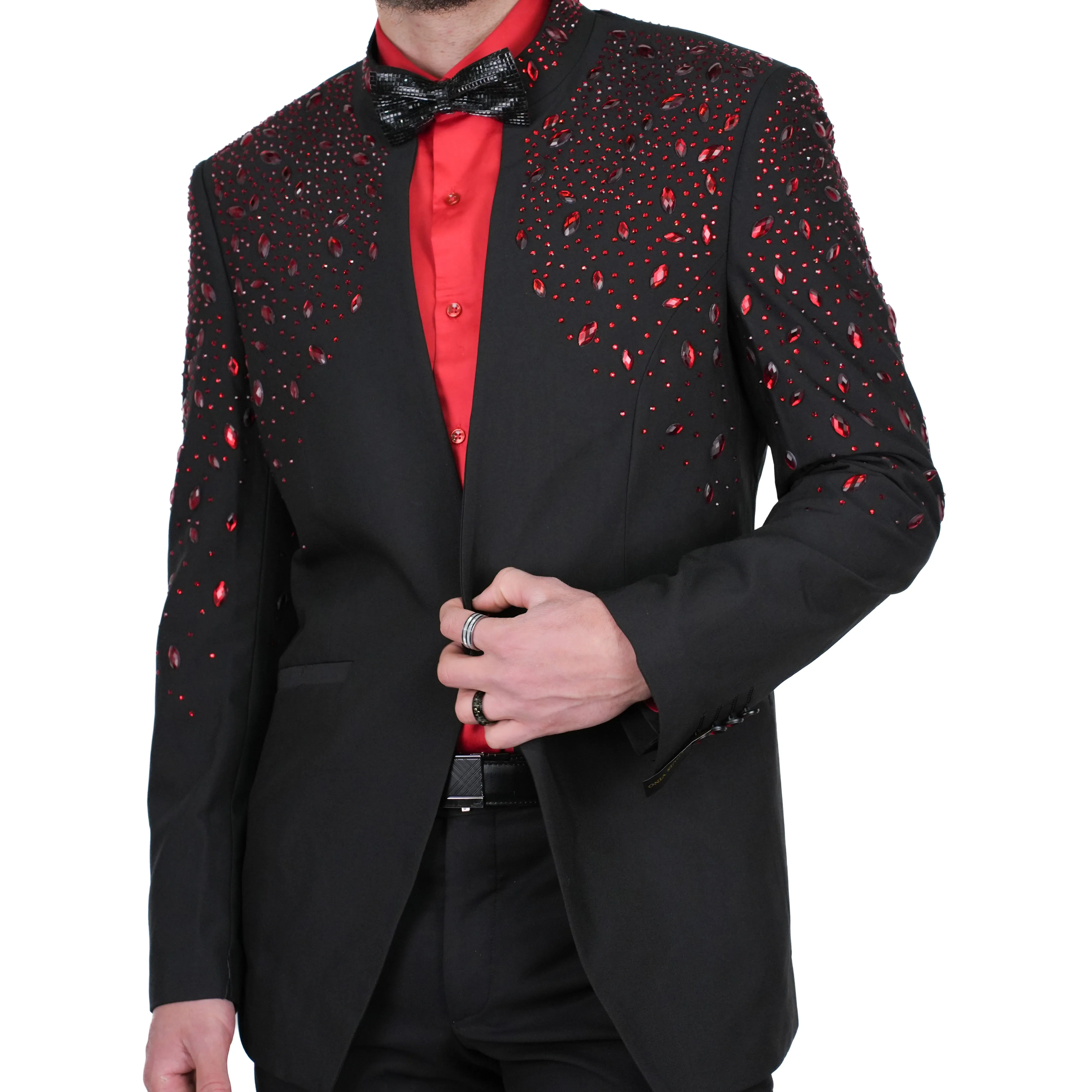 Black With Ruby Reign Stone Avanti Milano Mandarin Collar Dinner Jacket