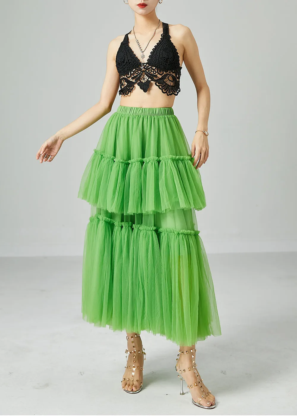 Boho Green Elastic Waist Patchwork Wrinkled Tulle Skirts Summer LY2433