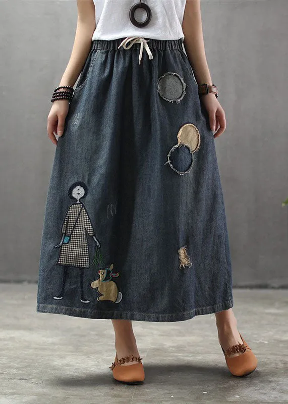 Casual Light Blue Elastic Waist Patchwork Cartoon Embroideried Tulle Denim Skirts Spring TG1012