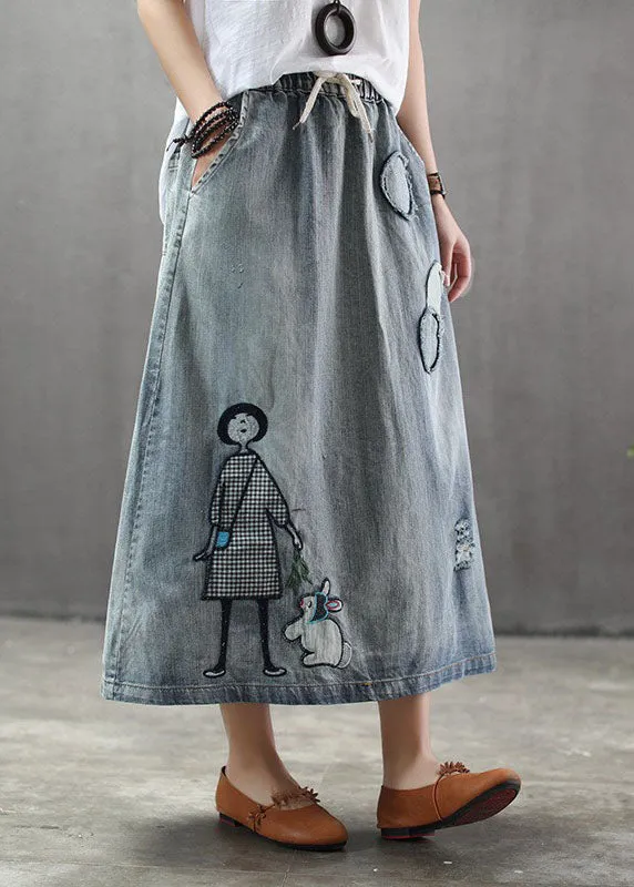 Casual Light Blue Elastic Waist Patchwork Cartoon Embroideried Tulle Denim Skirts Spring TG1012