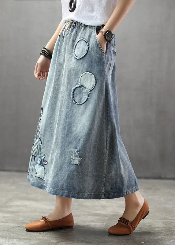 Casual Light Blue Elastic Waist Patchwork Cartoon Embroideried Tulle Denim Skirts Spring TG1012