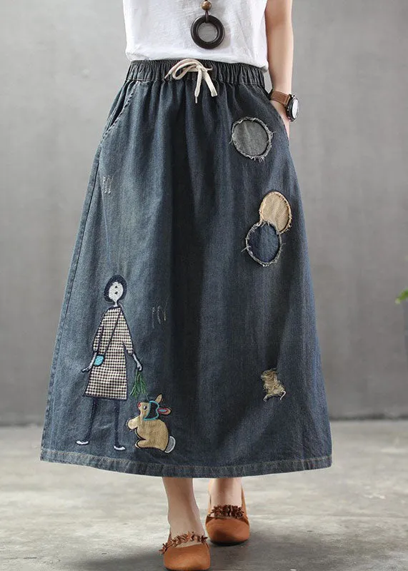 Casual Light Blue Elastic Waist Patchwork Cartoon Embroideried Tulle Denim Skirts Spring TG1012