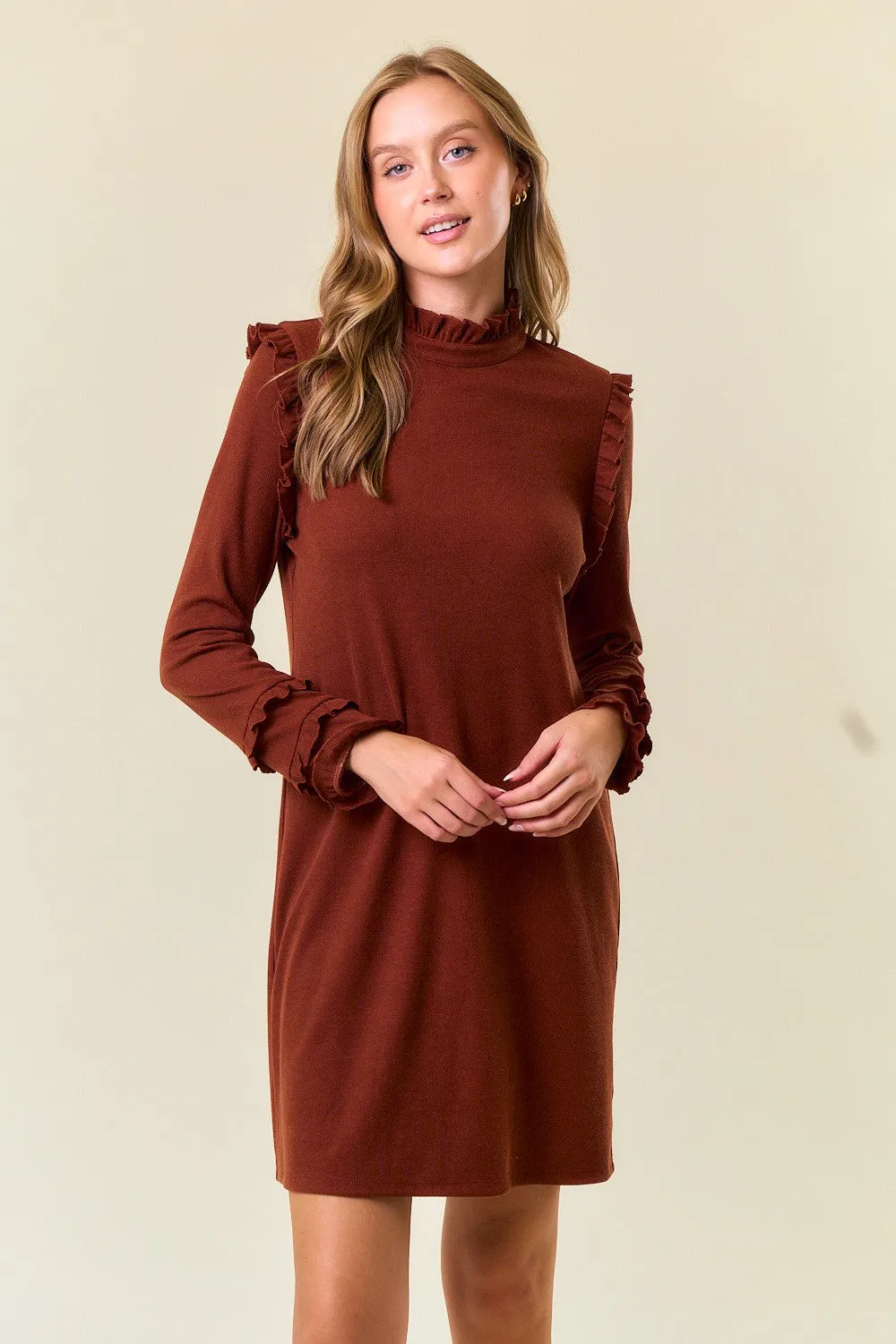 Chestnut Rib Knit Ruffled Mock Neck Long Sleeve Mini Dress