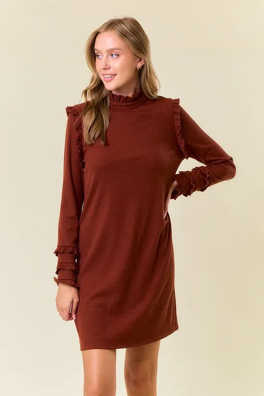 Chestnut Rib Knit Ruffled Mock Neck Long Sleeve Mini Dress