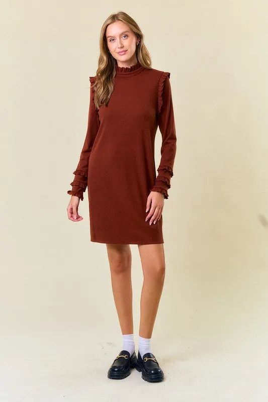 Chestnut Rib Knit Ruffled Mock Neck Long Sleeve Mini Dress