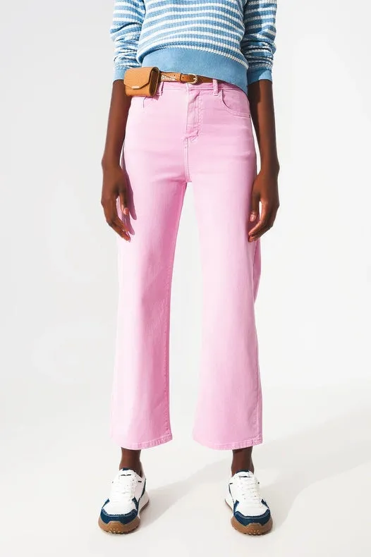 Cropped Wide Leg Jeans In Bubblegum Pink